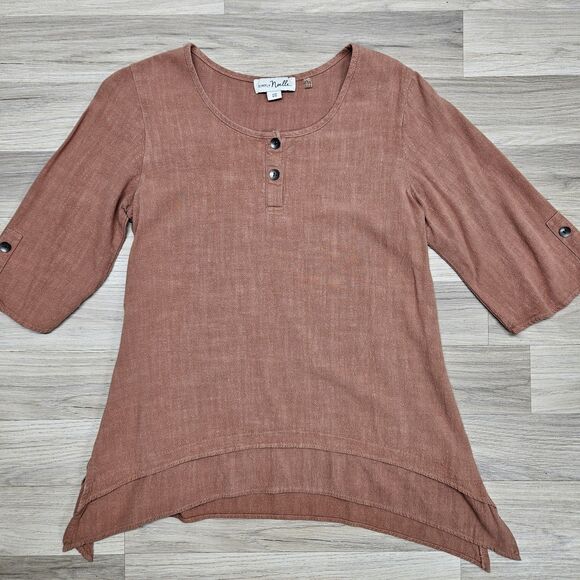 Simply Noelle Womens Blouse Terracotta Brown Medium High Low Layers Butttons 3/4 - Picture 1 of 10